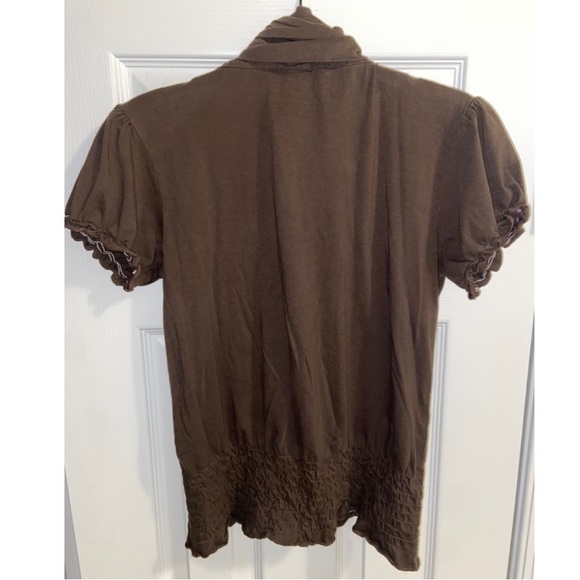 Project E Vintage Brown Short Sleeve Scarf Tie Style Blouse Top Medium - Picture 2 of 9